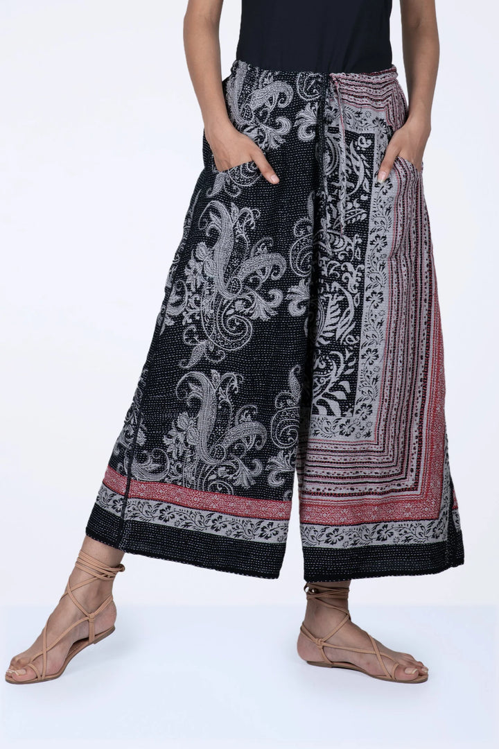 COTTON PAISLEY KANTHA DRAW STRING GAUCHO - cp2627-blk -