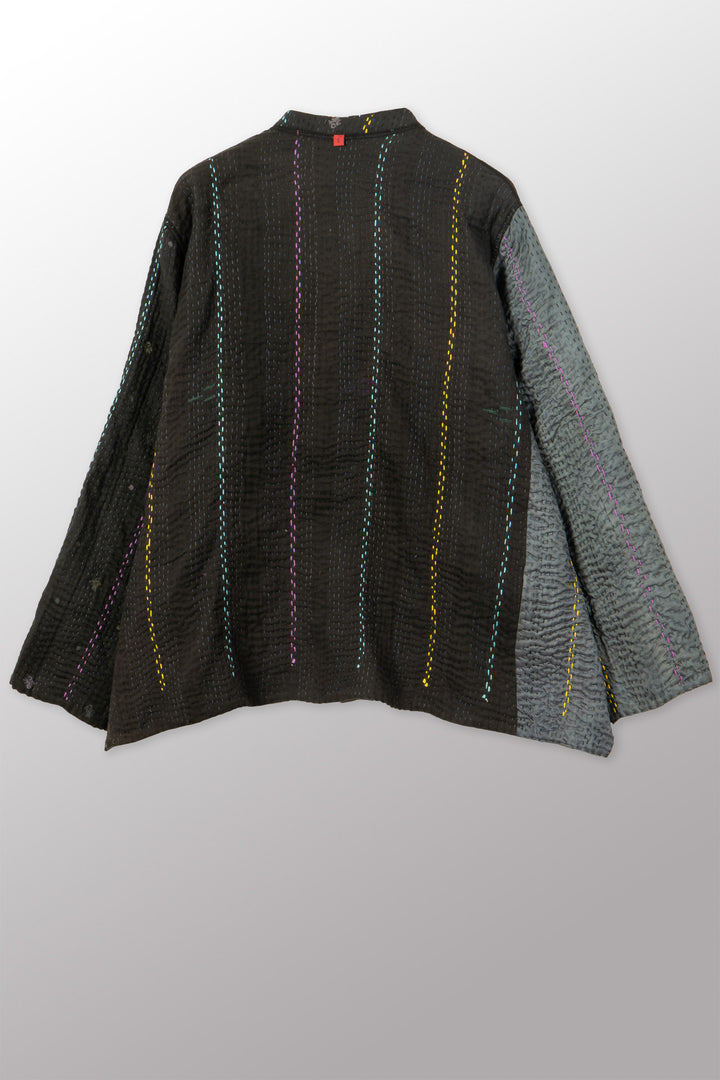 JEWEL WOVEN WITH VERTICAL PATCH KANTHA KAFTAN JACKET SHORT - jv4088-blk -