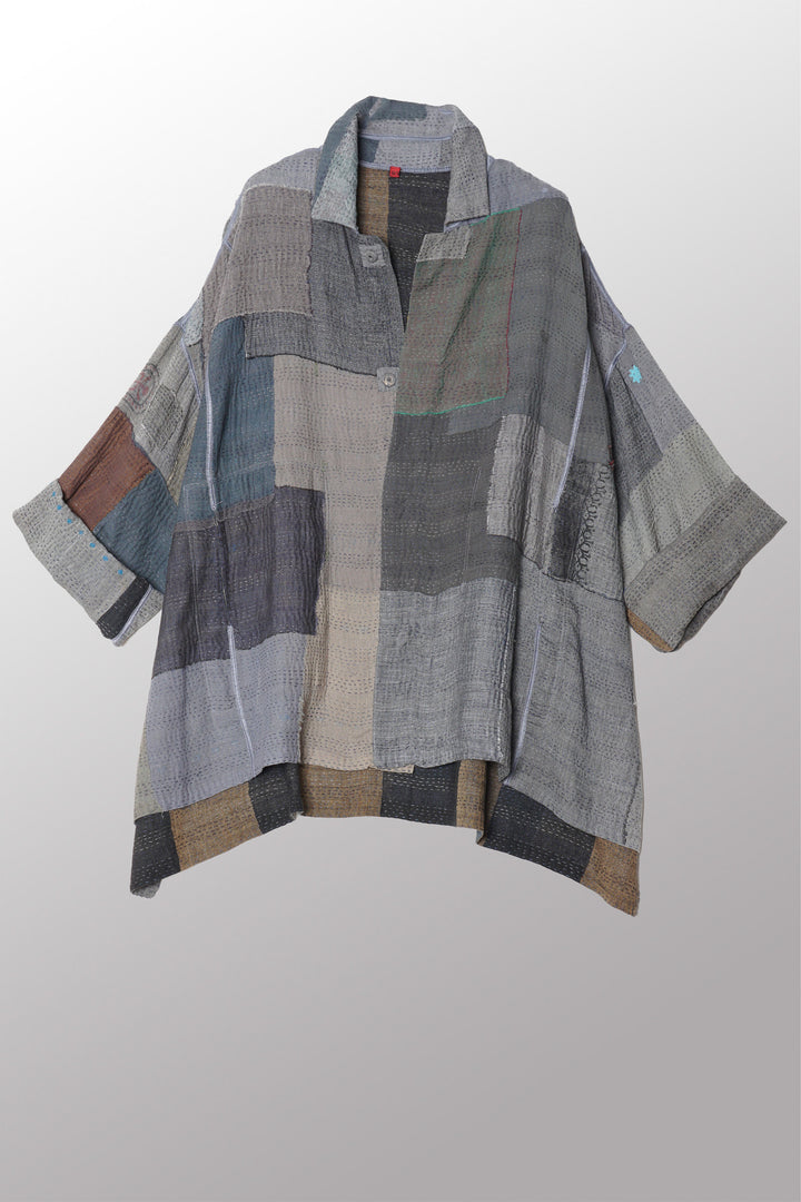 FRAYED PATCH KANTHA OVERSIZED MINI COAT - fi2332-ntl -