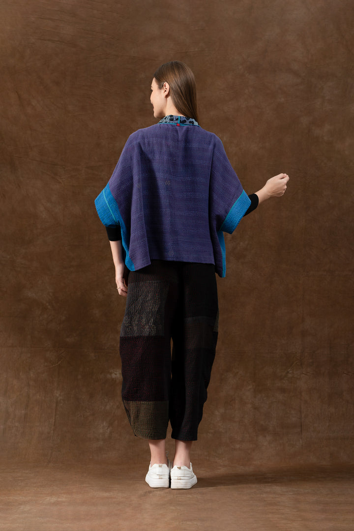 MONOTONE TWILIGHT PRINT KANTHA MINI PONCHO - tp4060-blu -