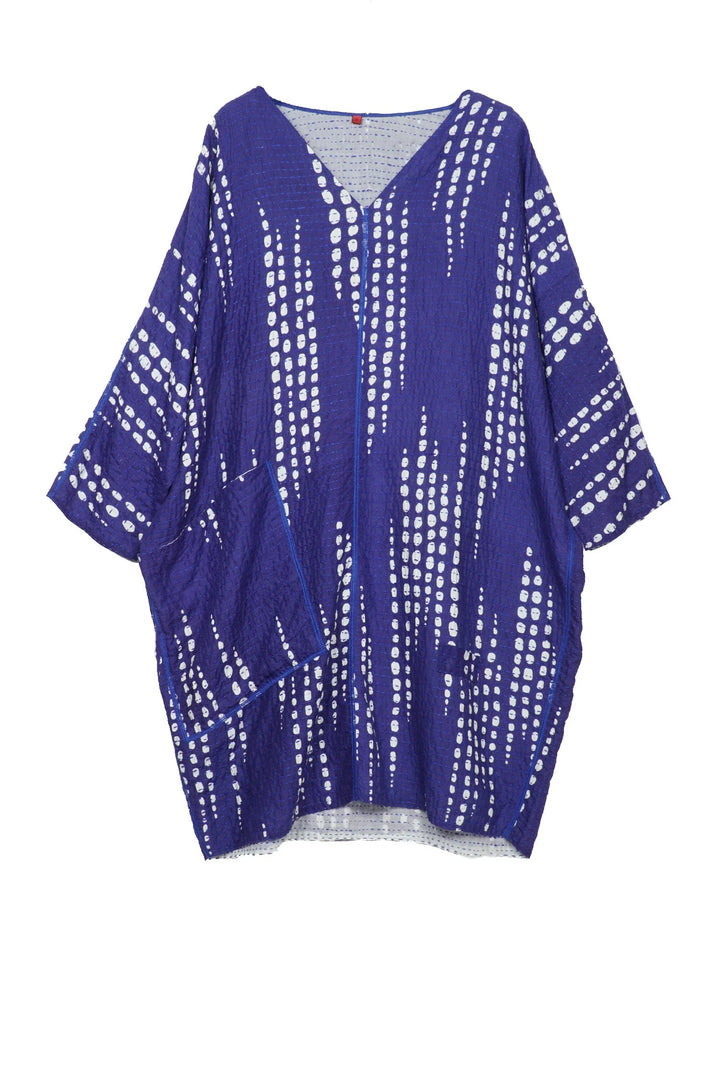 SHIBORI DROP BBK KANTHA DOLMAN SLV. DRESS - sd2410-blu -
