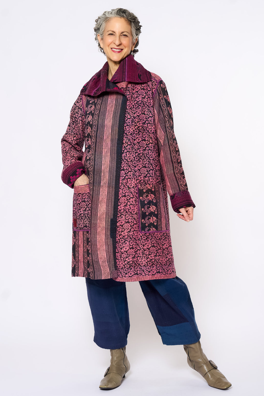 VINTAGE COTTON KANTHA POCKET MEDIUM COAT - cv4316-0047m -