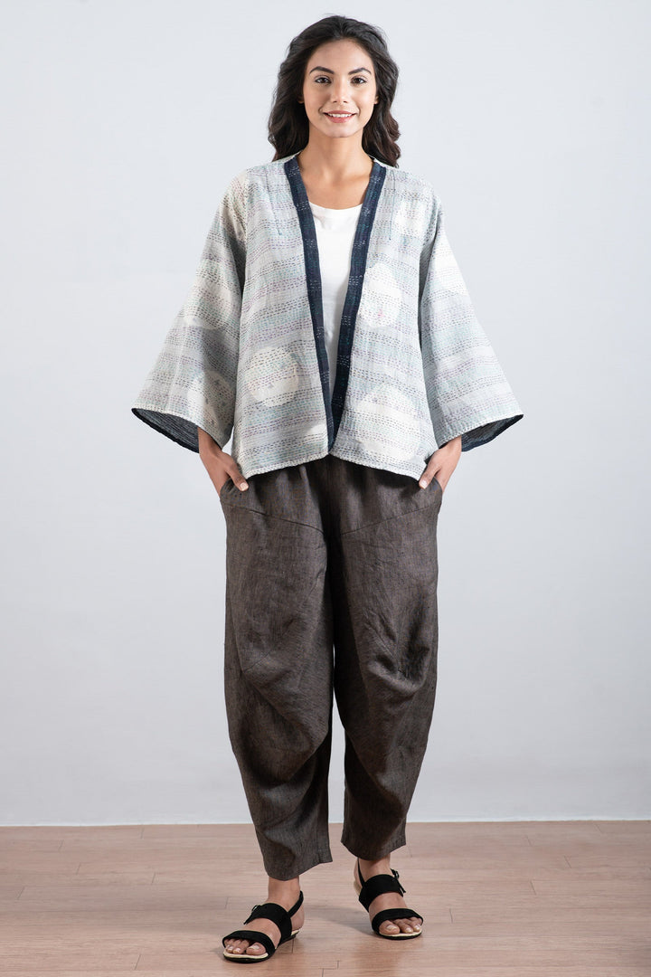 CUT THROUGH DOT AND HOLES KANTHA BELL SHAPE JKT - cd2048-blu -