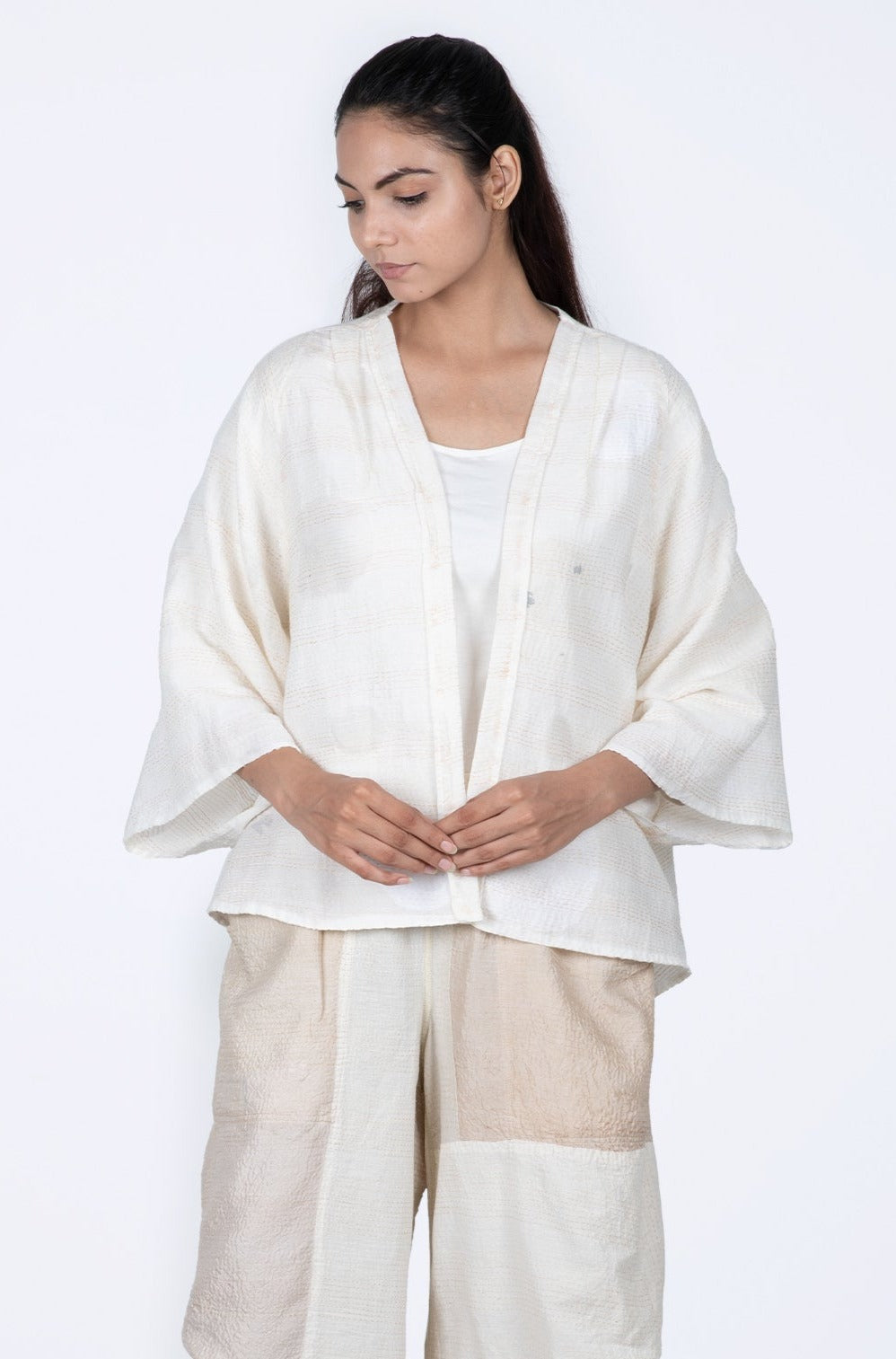 CUT THROUGH DOT AND HOLES KANTHA BELL SHAPE JKT - cd2048-ivy -