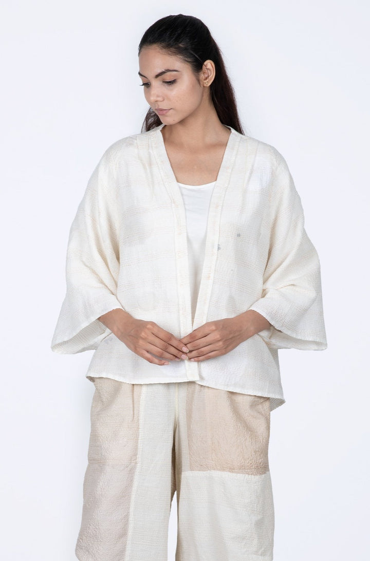 CUT THROUGH DOT AND HOLES KANTHA BELL SHAPE JKT - cd2048-ivy -