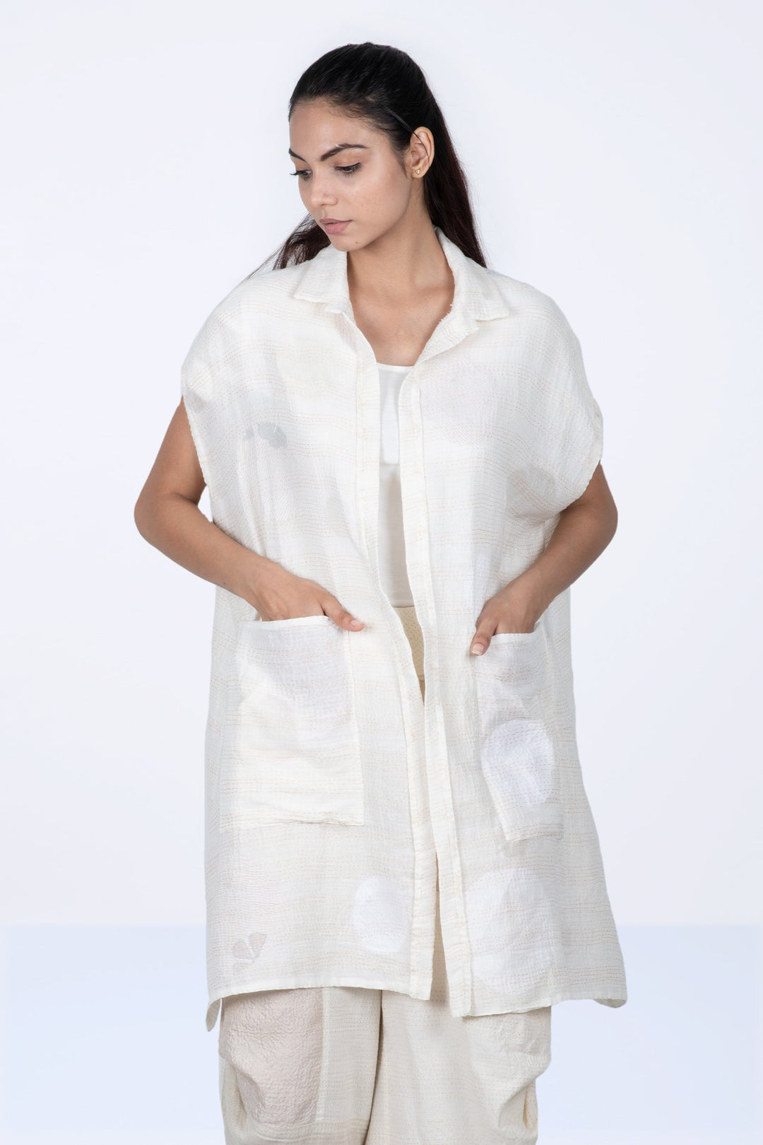 CUT THROUGH DOT AND HOLES KANTHA SHIRT DRESS - cd2426-ivy -