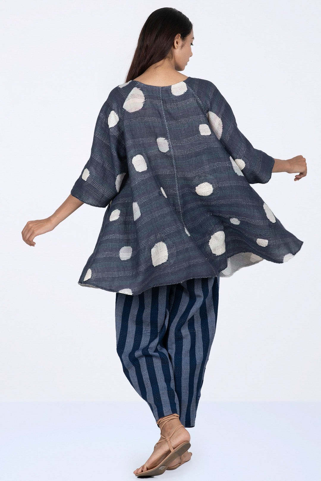 CUT THROUGH DOT AND HOLES KANTHA PUFF SLV. FLARE TOP - cd2543-blu -