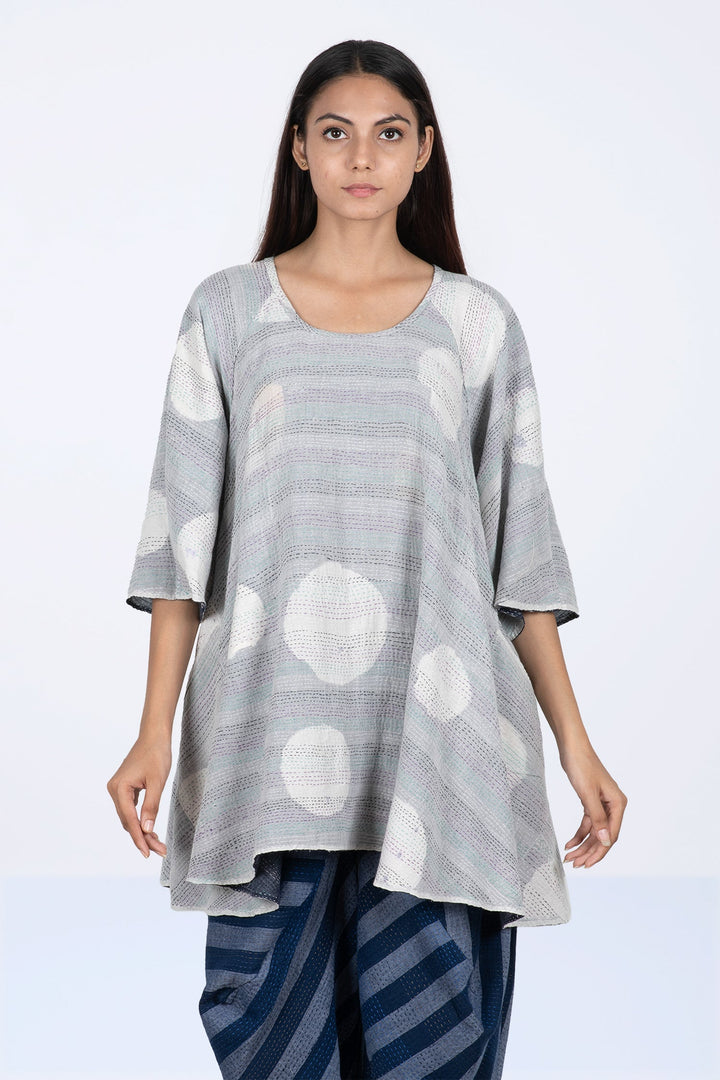 CUT THROUGH DOT AND HOLES KANTHA PUFF SLV. FLARE TOP - cd2543-blu -