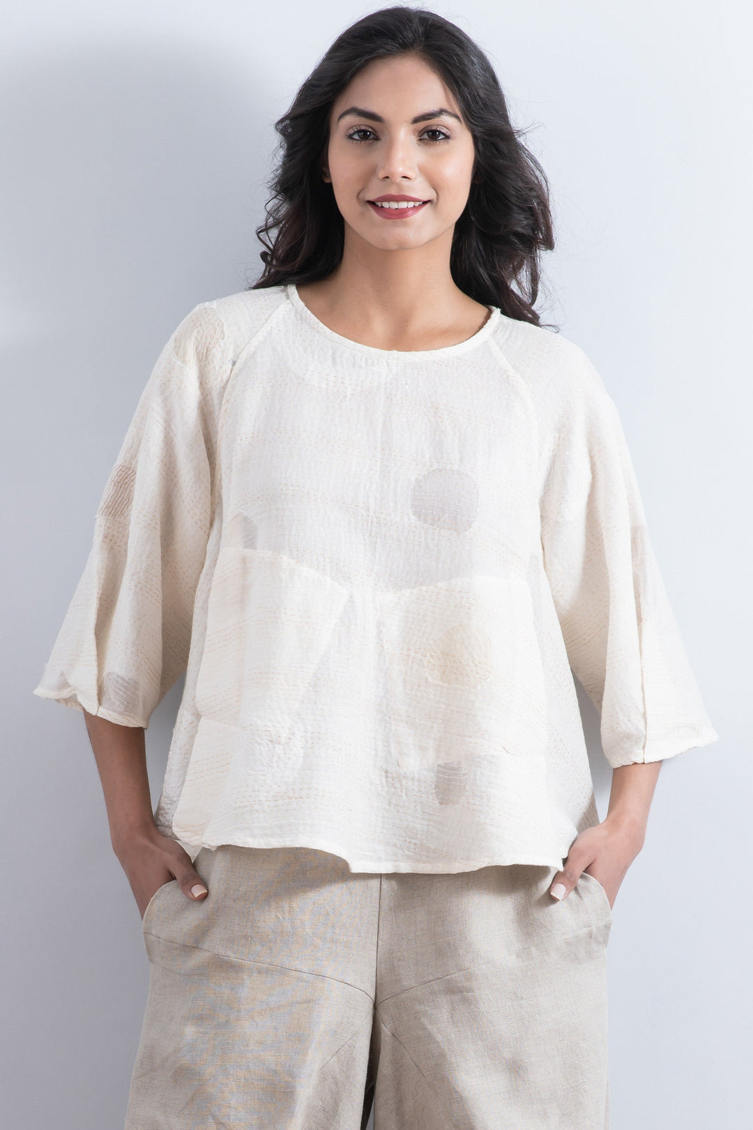 CUT THROUGH DOT AND HOLES KANTHA PUFF SLV. FLARE SHORT TOP - cd2544-ivy -