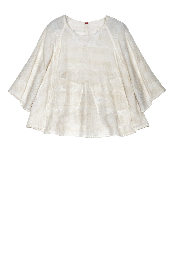 CUT THROUGH DOT AND HOLES KANTHA PUFF SLV. FLARE SHORT TOP - cd2544-ivy -