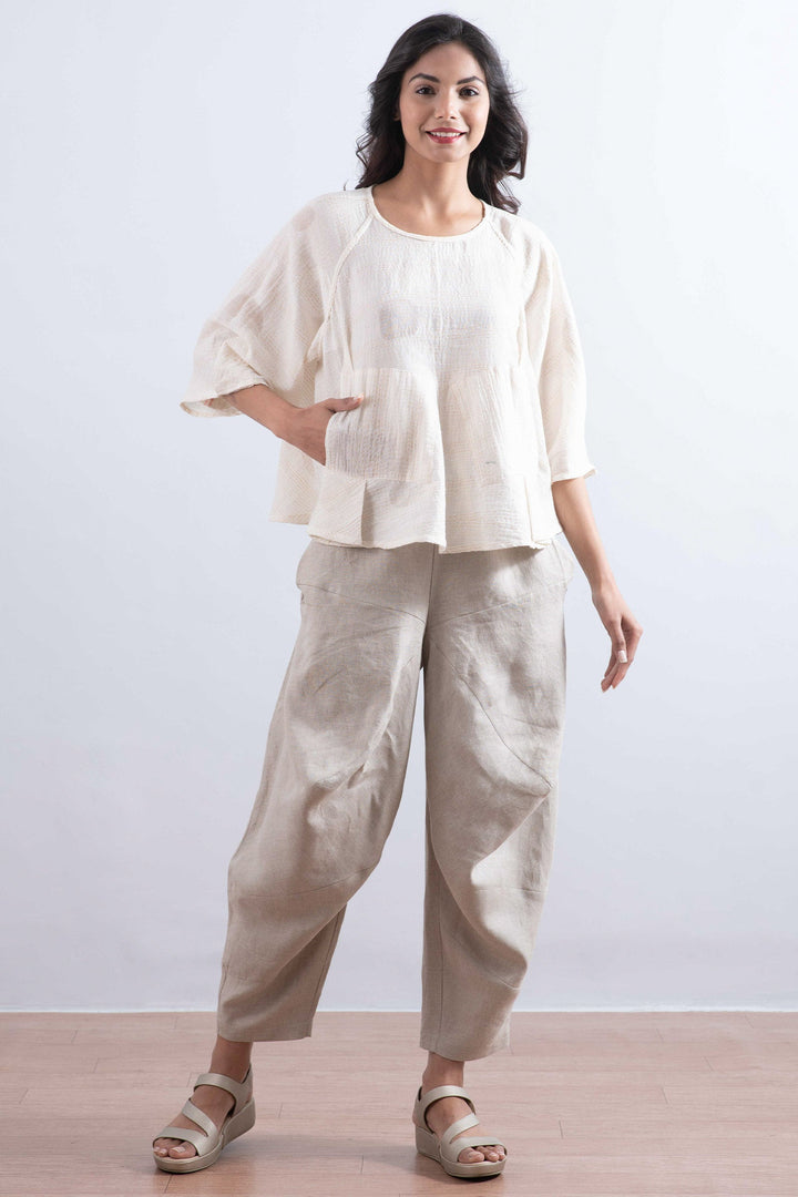 CUT THROUGH DOT AND HOLES KANTHA PUFF SLV. FLARE SHORT TOP - cd2544-ivy -