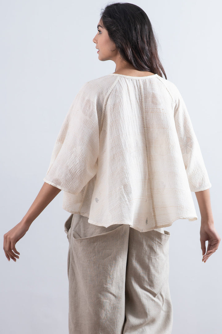 CUT THROUGH DOT AND HOLES KANTHA PUFF SLV. FLARE SHORT TOP - cd2544-ivy -