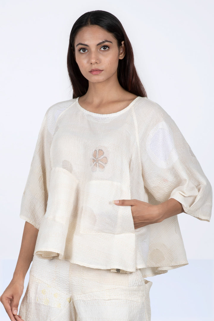 CUT THROUGH DOT AND HOLES KANTHA PUFF SLV. FLARE SHORT TOP - cd2544-ivy -