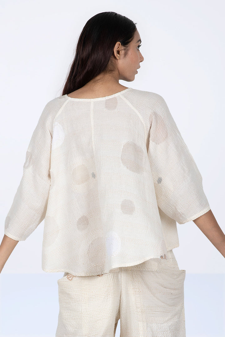 CUT THROUGH DOT AND HOLES KANTHA PUFF SLV. FLARE SHORT TOP - cd2544-ivy -