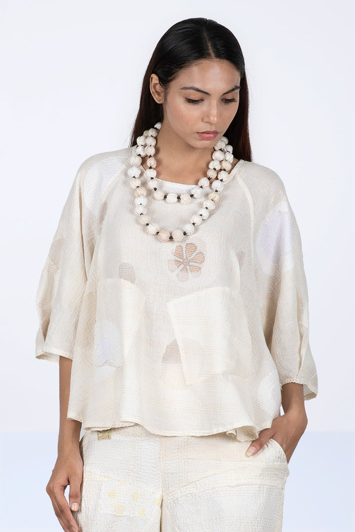 CUT THROUGH DOT AND HOLES KANTHA PUFF SLV. FLARE SHORT TOP - cd2544-ivy -