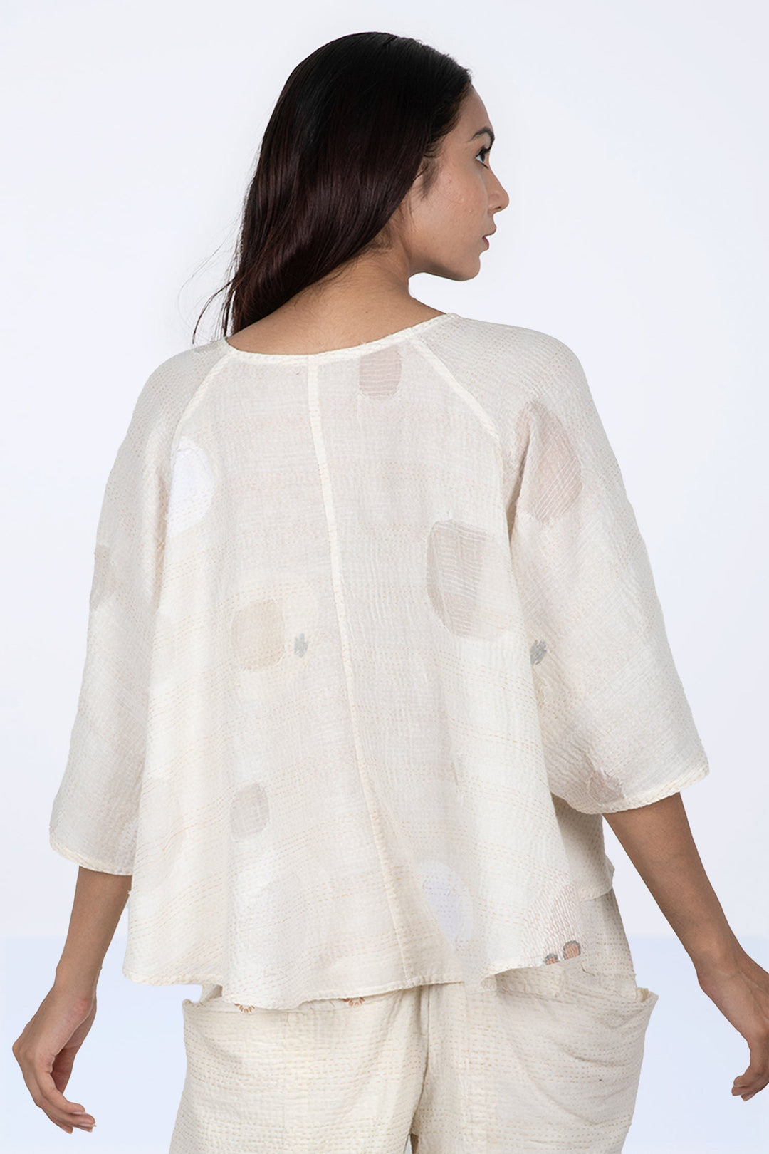 CUT THROUGH DOT AND HOLES KANTHA PUFF SLV. FLARE SHORT TOP - cd2544-ivy -
