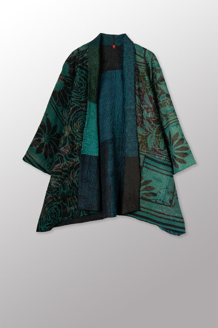EMERALD GREEN KANTHA A-LINE JACKET - eg4003-tel -