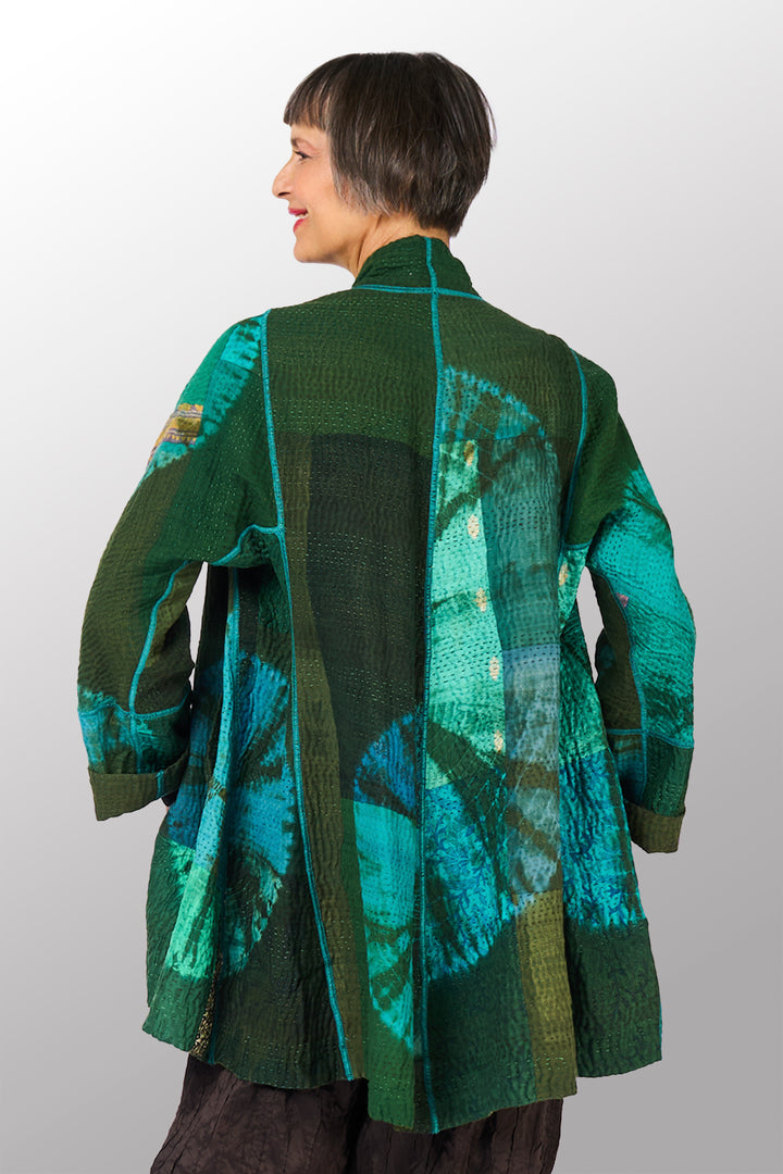 SHIBORI TIE DYE COTTON SILK SW PATCH KANTHA FLARE LONG JKT - st-ws4021-grn -