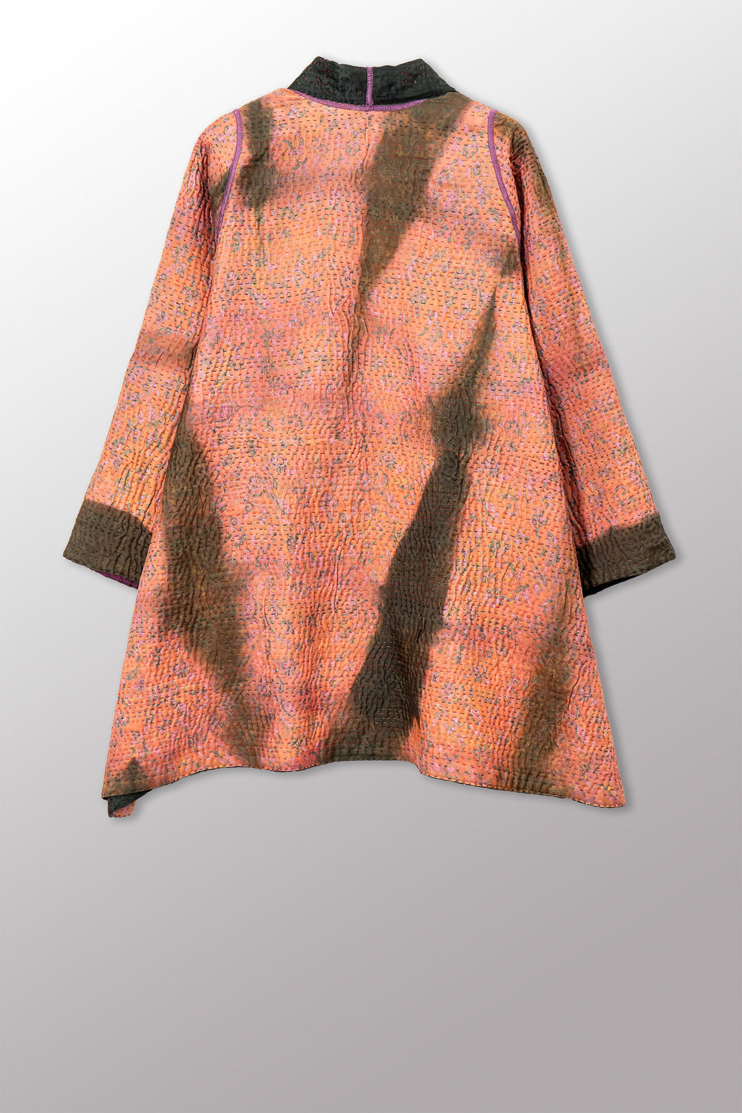 VINTAGE PRINTED SILK CLAMP DYE WITH JACQUARD KANTHA A-LINE JACKET - sk4003-0001a -