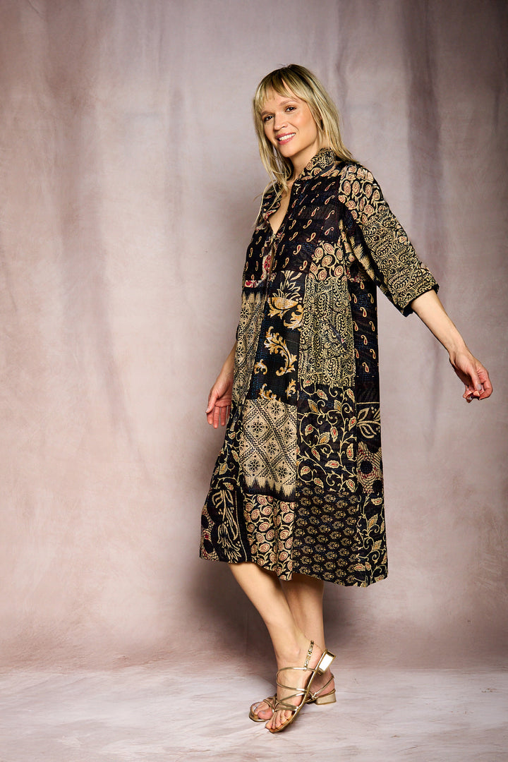 PATCHED PRINT KANTHA SIDE PLEATED DRESS - pp2435-blk -