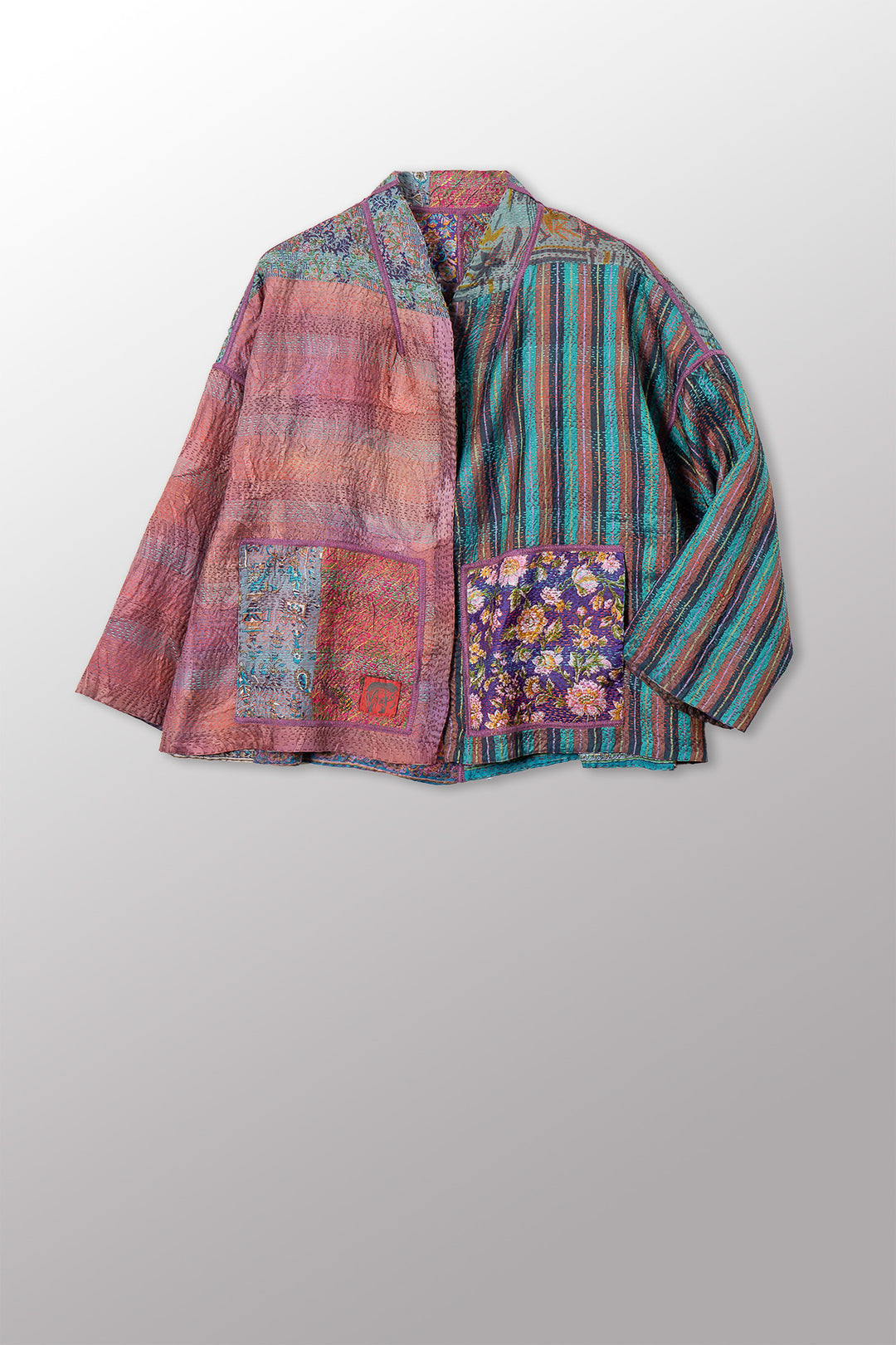 VINTAGE SILK KANTHA STAND COLLAR CROPPED JKT - sv2034-0017a -