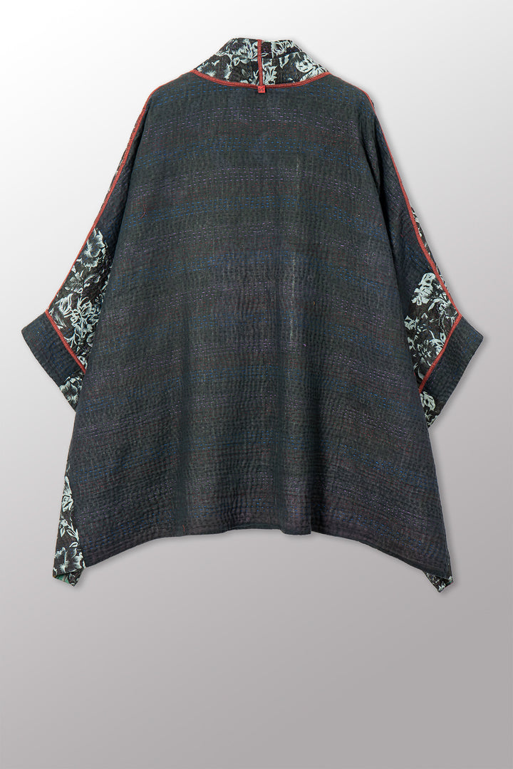 VINTAGE COTTON GREY CLAMP TIE DYE KANTHA DOUBLE COLLAR PONCHO - su4323-0001a -