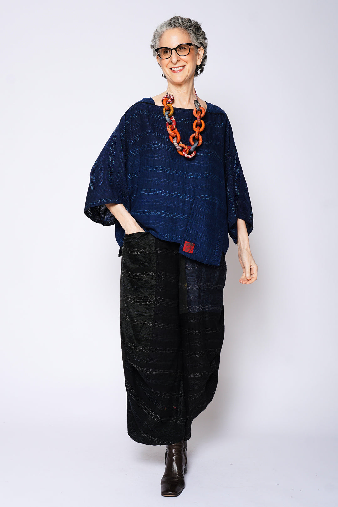 MONOTONE TWILIGHT PRINT KANTHA 3/4 SLV. CROP TOP MIO - tp2538-nvy -