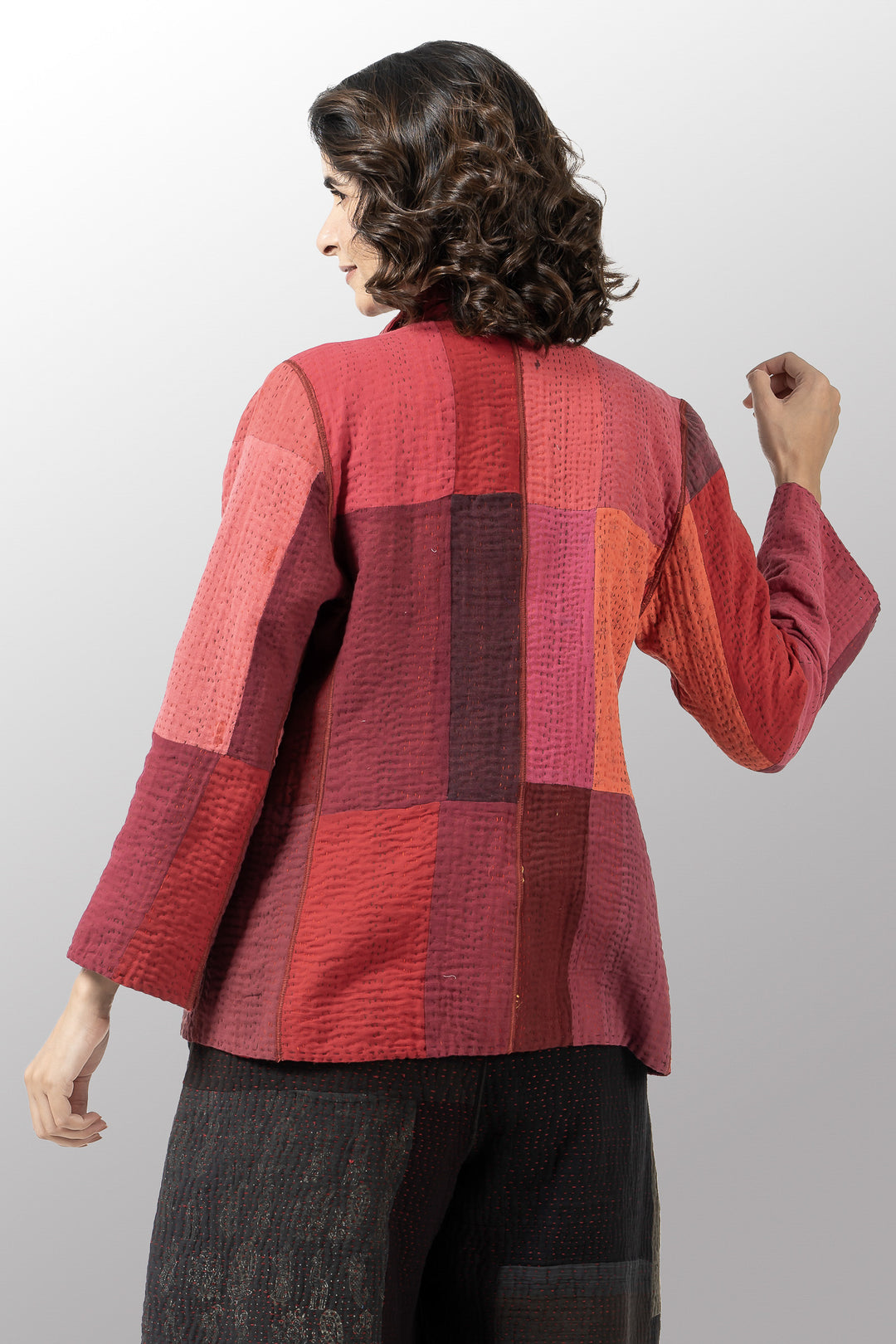 STRIPE AND CHECK COTTON SILK PATCH KANTHA SHORT JACKET - ss4007-red -