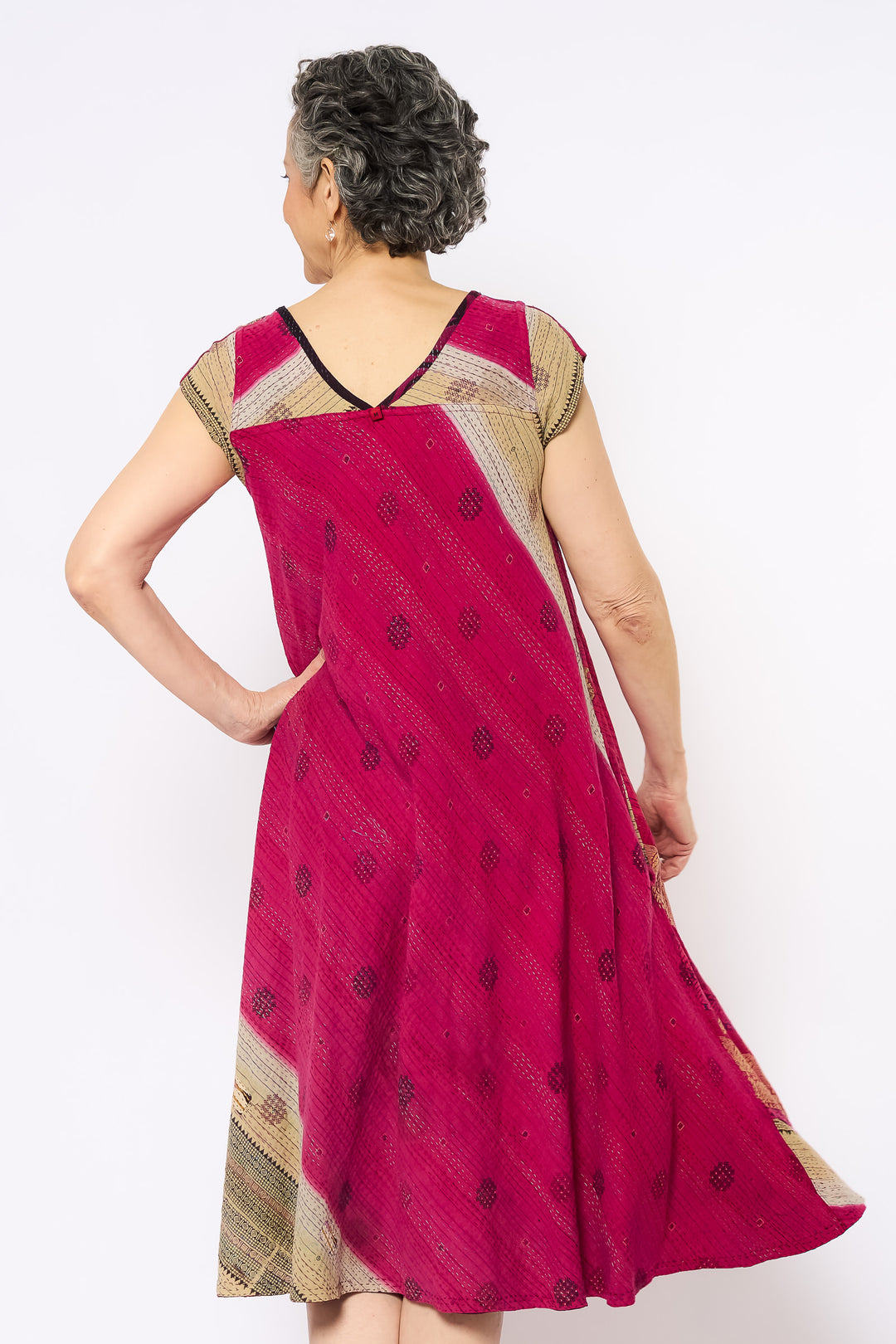 COTTON OVERDYE KANTHA CAP SLV. FLARE DRESS - ov2425-cred001m -