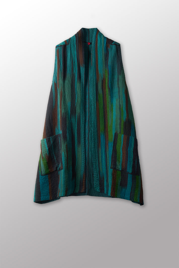 IKAT STRIPE KANTHA KIMONO VEST - is4247-tuq -