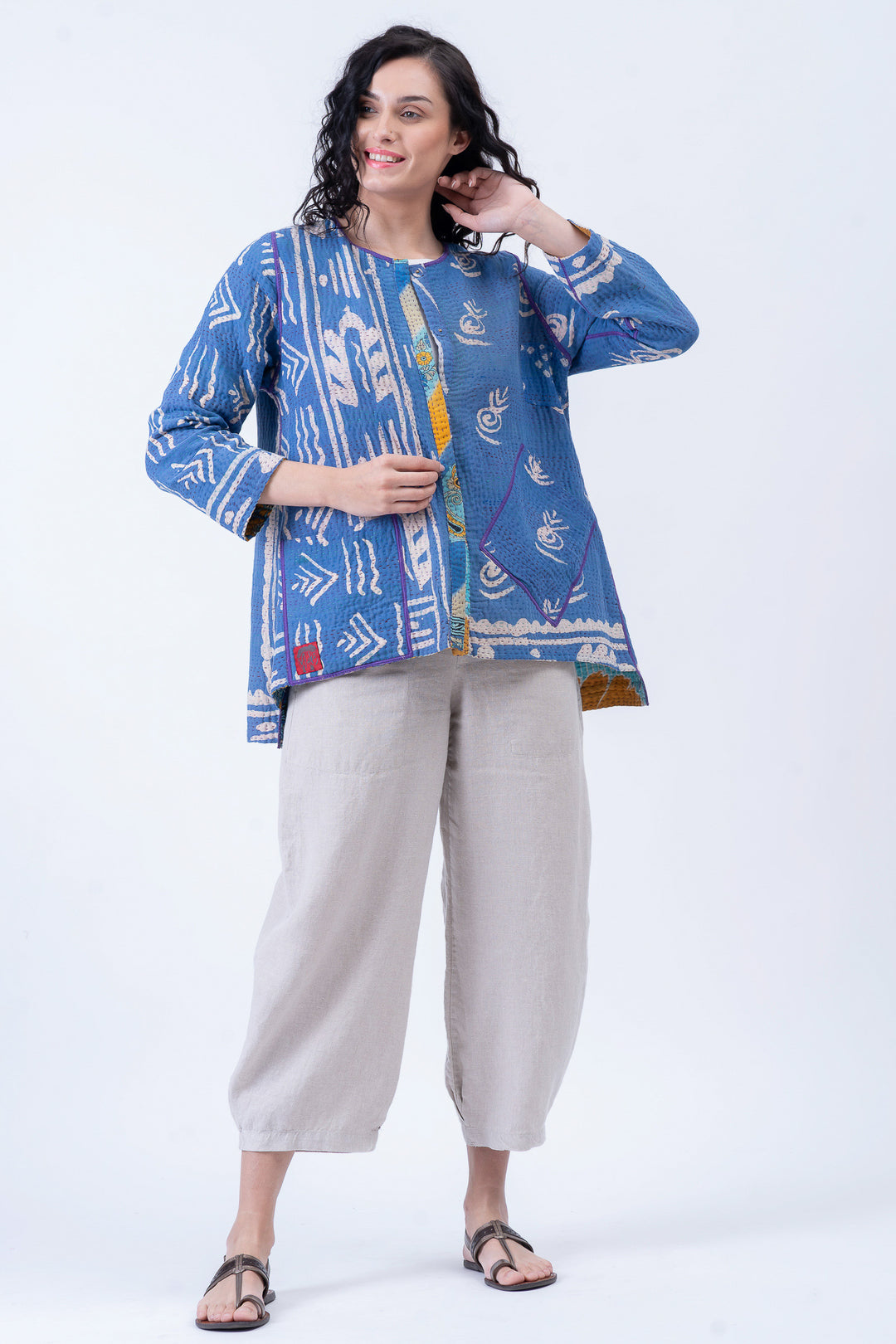 VINTAGE COTTON KANTHA CREW NECK POCKET JACKET - cv4025-0016a -