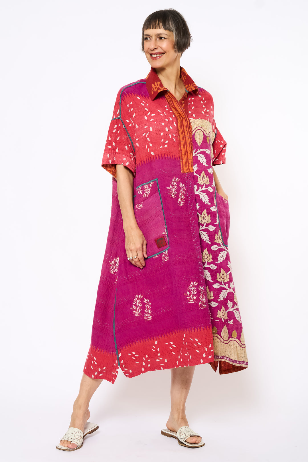 COTTON OVERDYE KANTHA WING COLLAR DRESS - ov2454-corg001a -