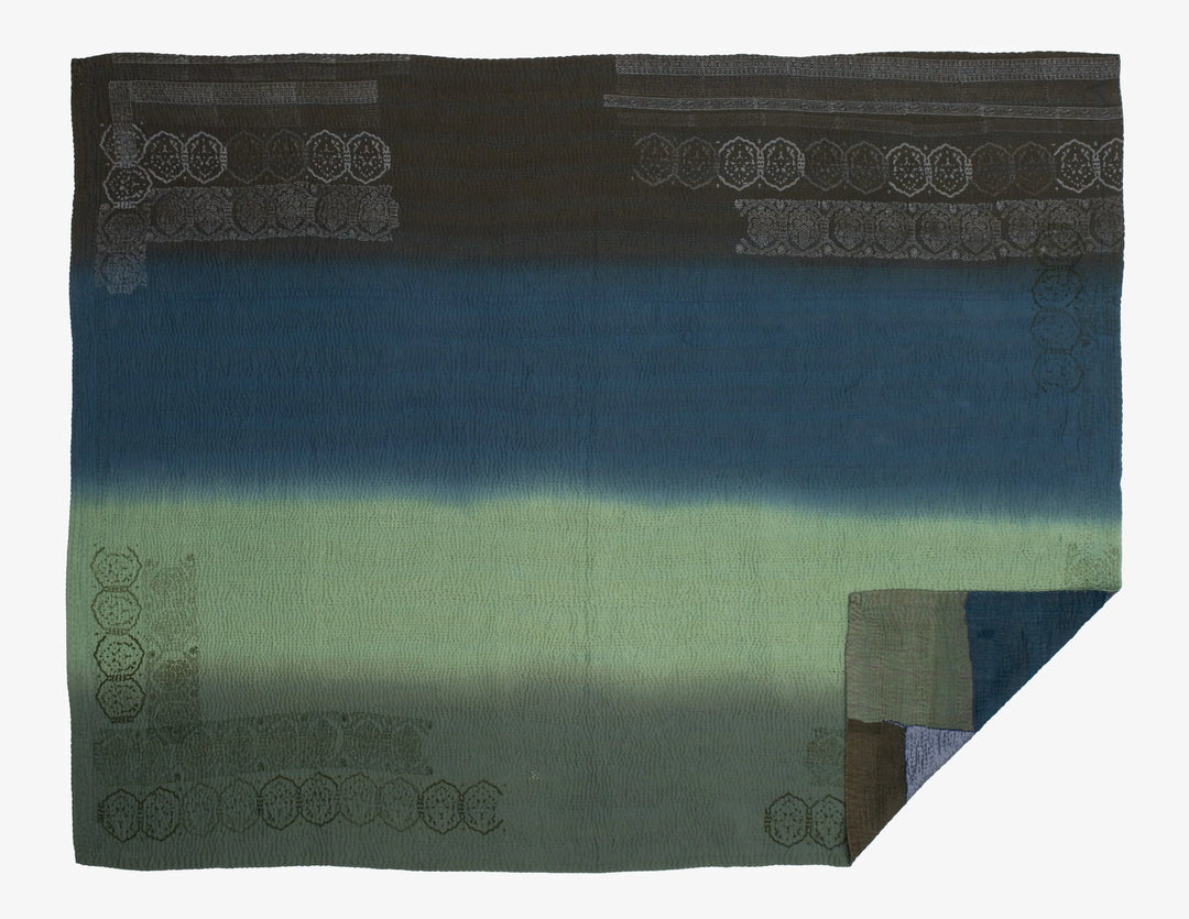 Ombre With Fray Handmade Vintage Kantha Throw -Avocado