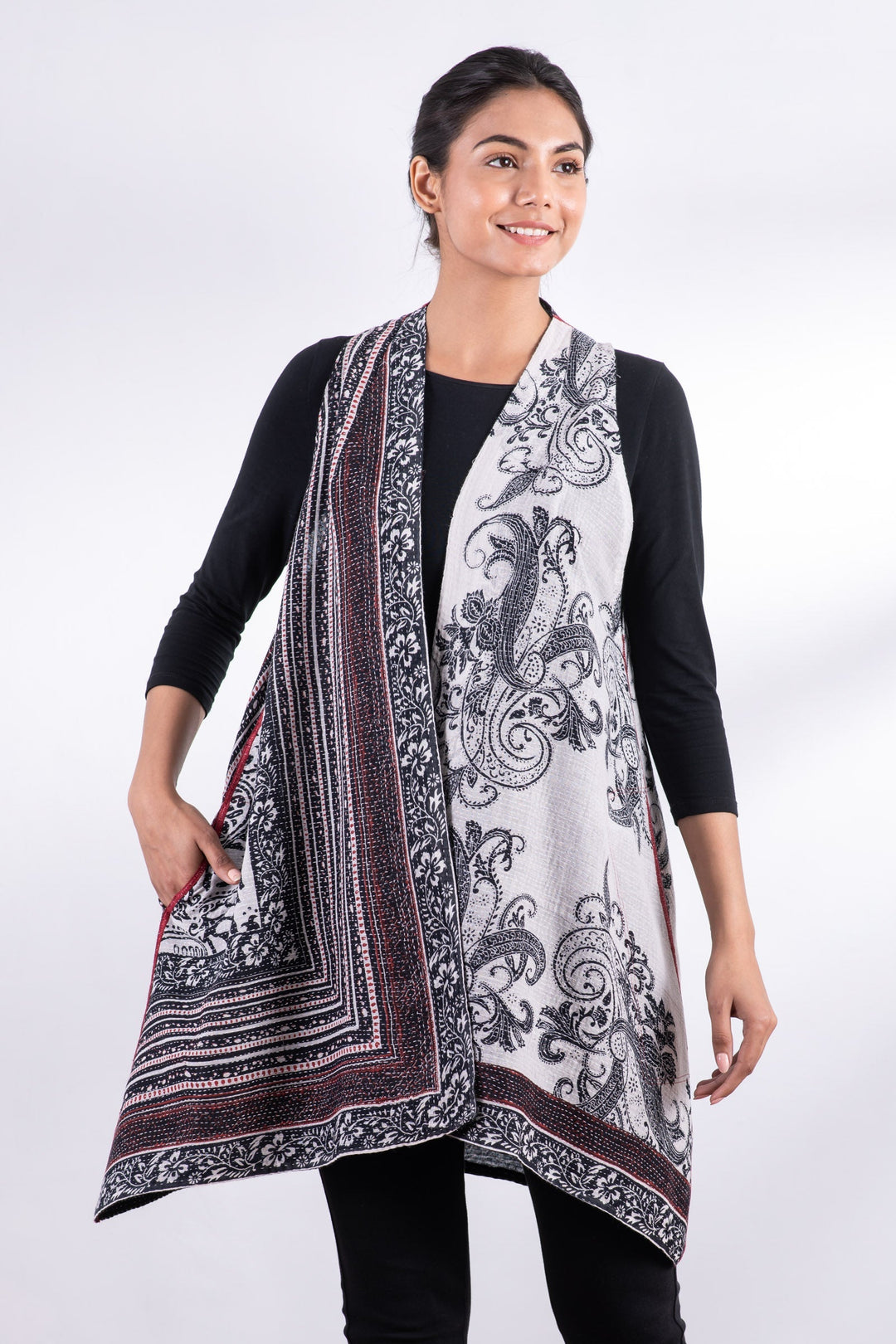 COTTON PAISLEY KANTHA BACK PLEATED VEST - cp2221-wht -