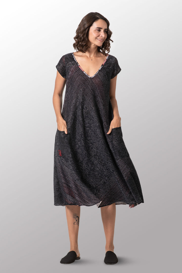 COTTON PAISLEY KANTHA CAP SLV. FLARE DRESS - cp2425-blk -