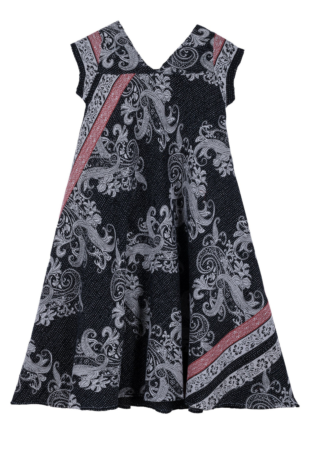 COTTON PAISLEY KANTHA SQUARE NECK FLARE DRESS - cp2431-blk -