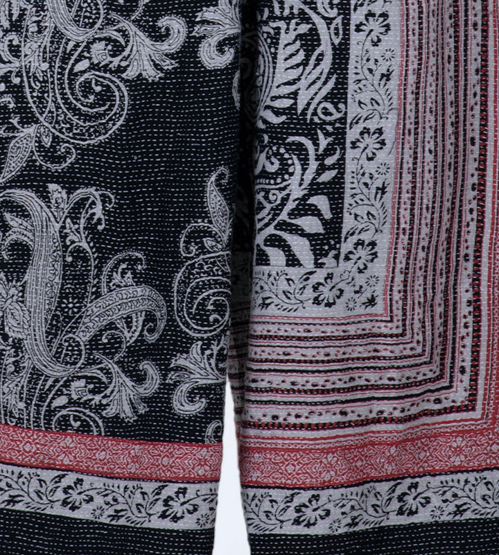 COTTON PAISLEY KANTHA SQUARE NECK FLARE DRESS - cp2431-blk -