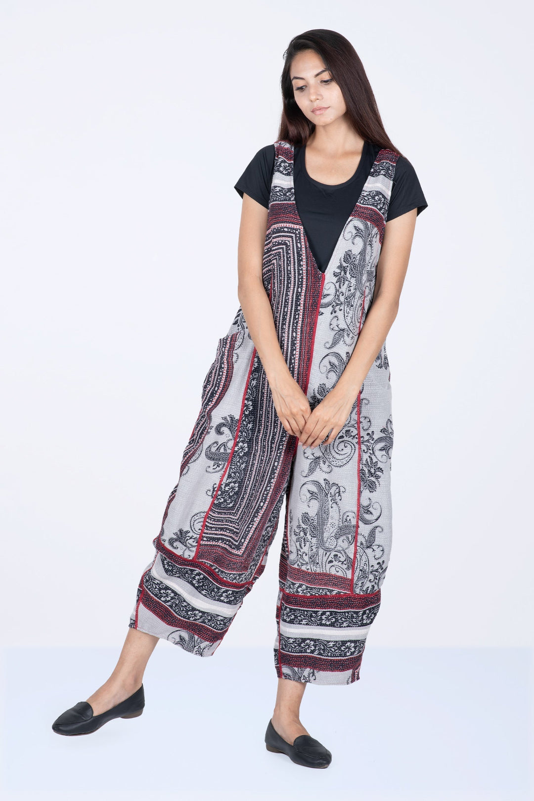 COTTON PAISLEY KANTHA V-NECK JUMPER - cp2622-wht -