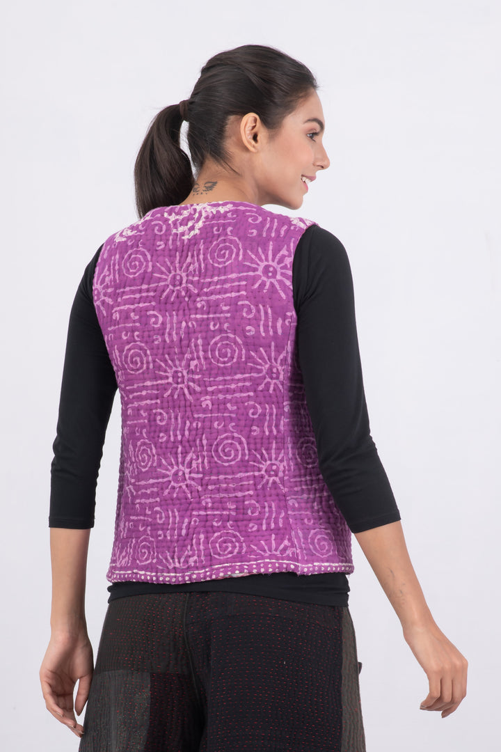 QUILTED VINTAGE COTTON KANTHA CREW NECK FITTED VEST - cq5228-0002s -