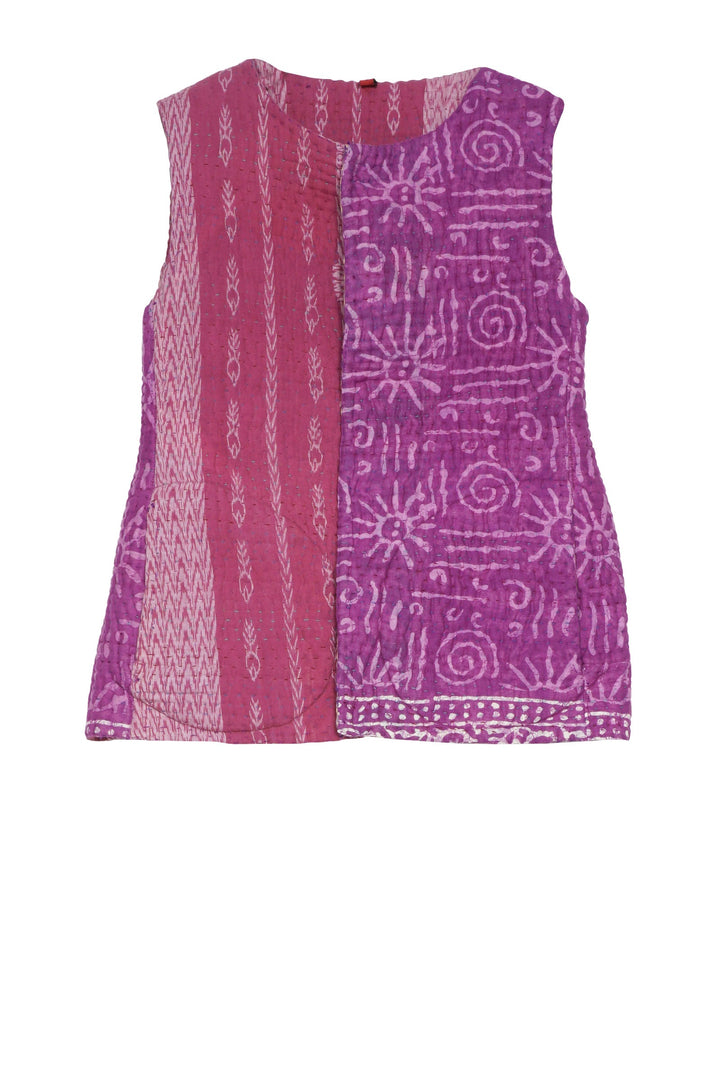 QUILTED VINTAGE COTTON KANTHA CREW NECK FITTED VEST - cq5228-0002s -