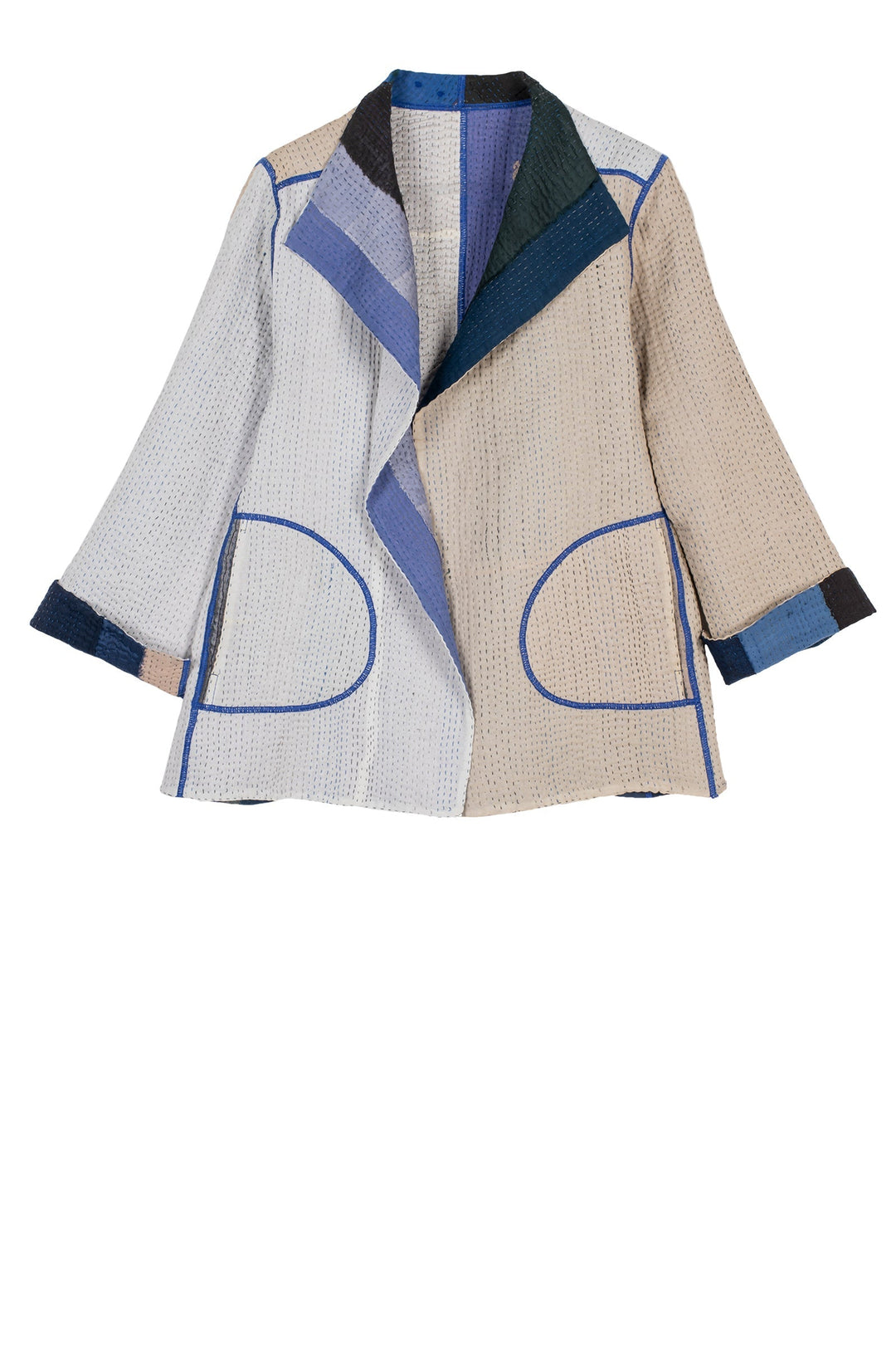 COTTON STRIPE PATCH KANTHA SHORT JKT - cs4007-blu -