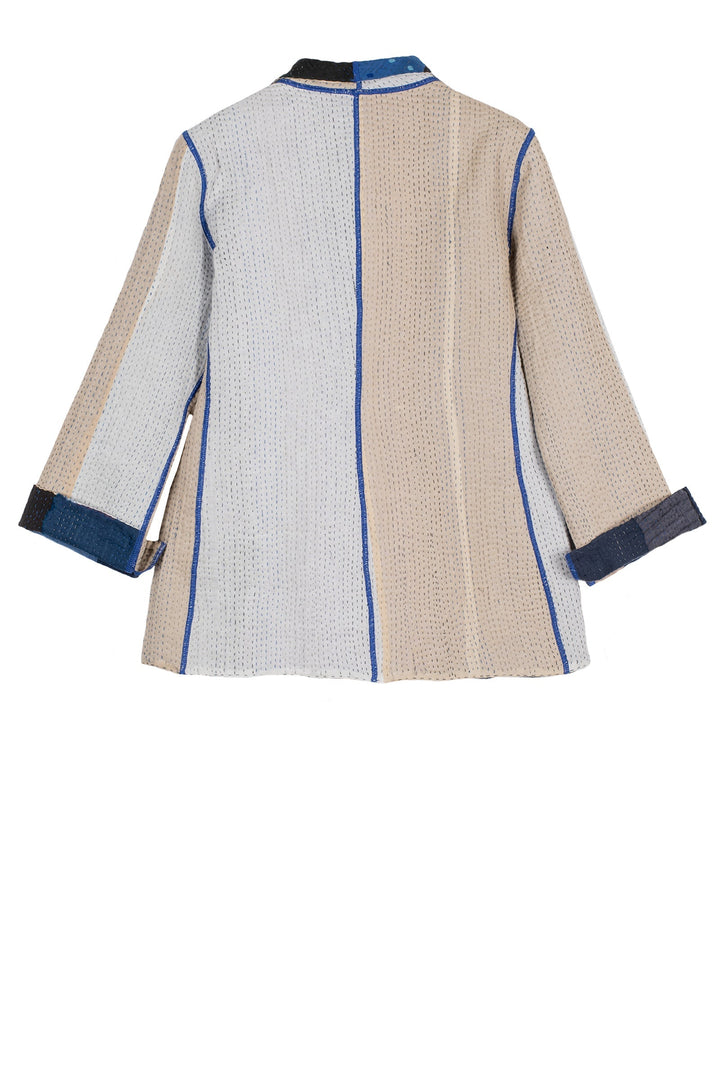 COTTON STRIPE PATCH KANTHA SHORT JKT - cs4007-blu -
