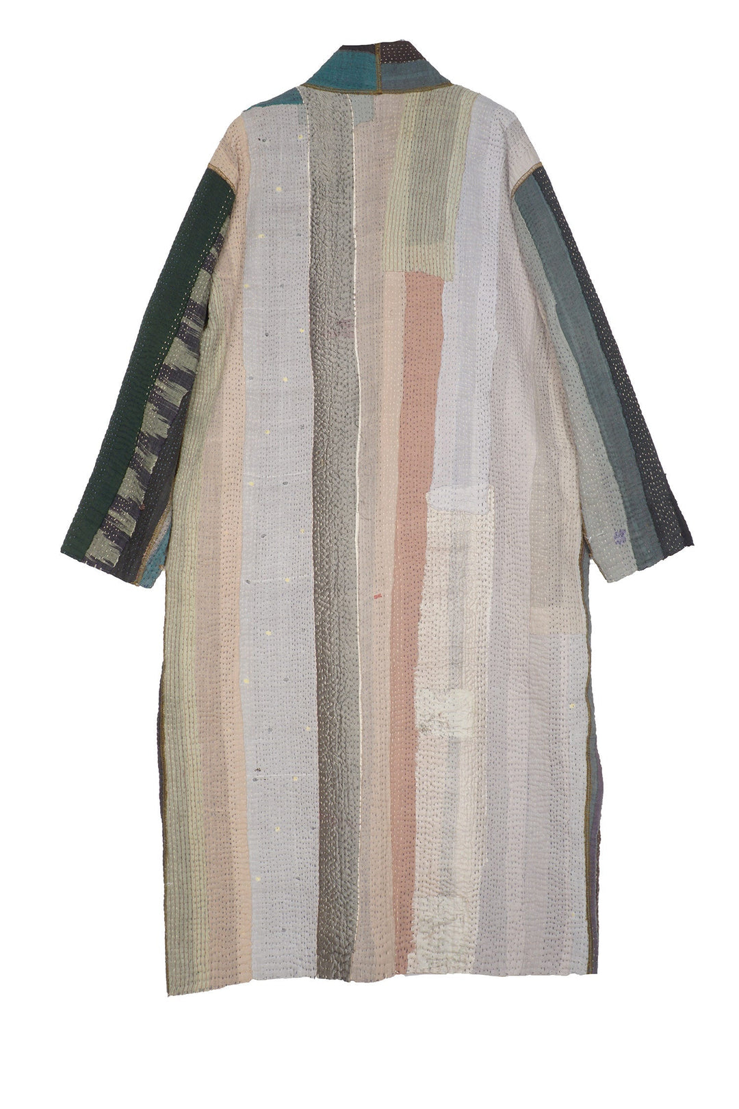 COTTON STRIPE PATCH KANTHA ROBE COAT - cs4329-grn -