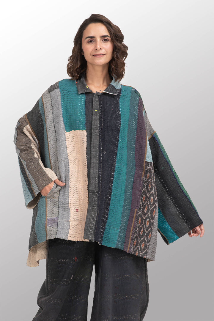 COTTON STRIPE PATCH KANTHA OVERSIZED MINI COAT - cs4332-grn -