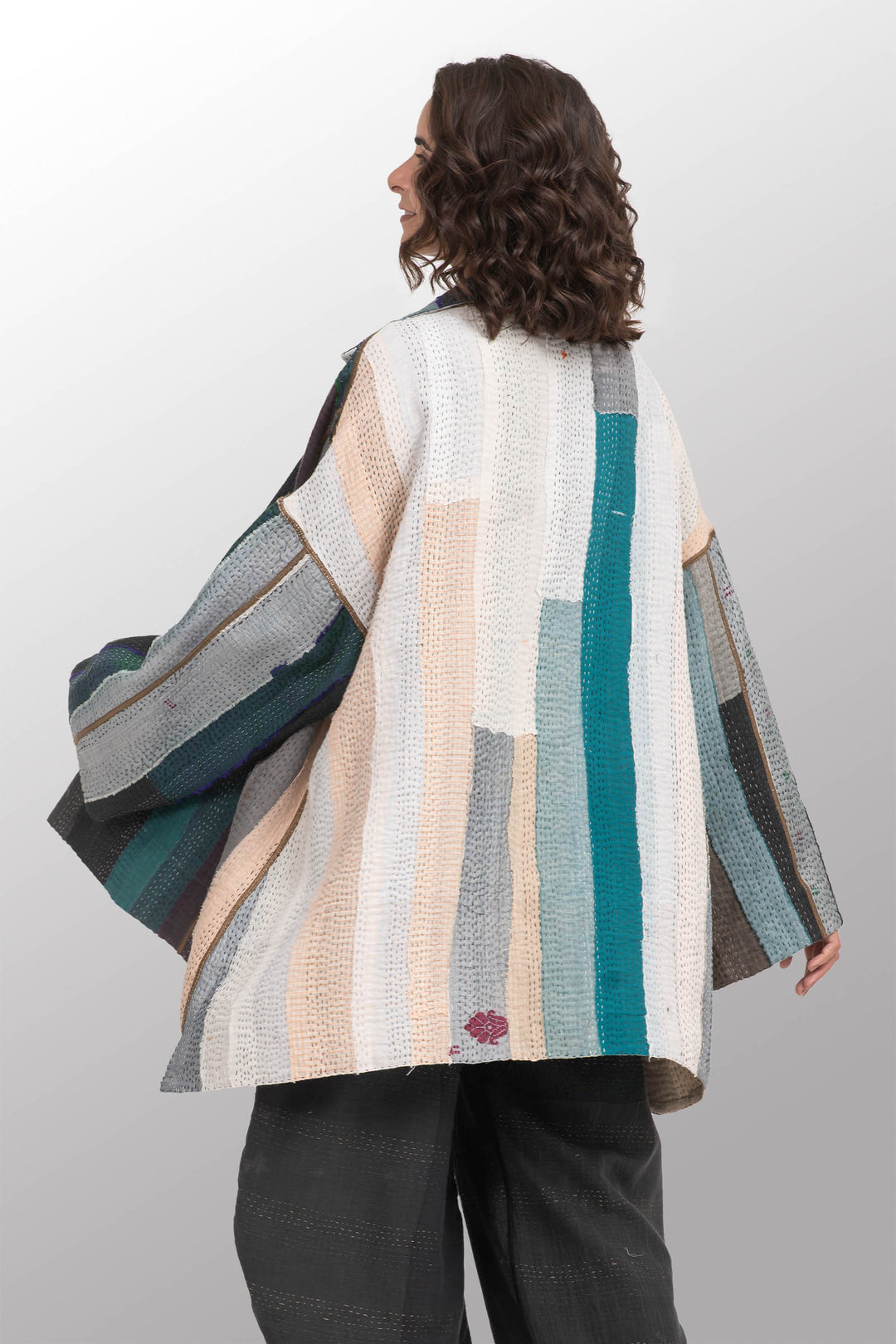 COTTON STRIPE PATCH KANTHA OVERSIZED MINI COAT - cs4332-grn -