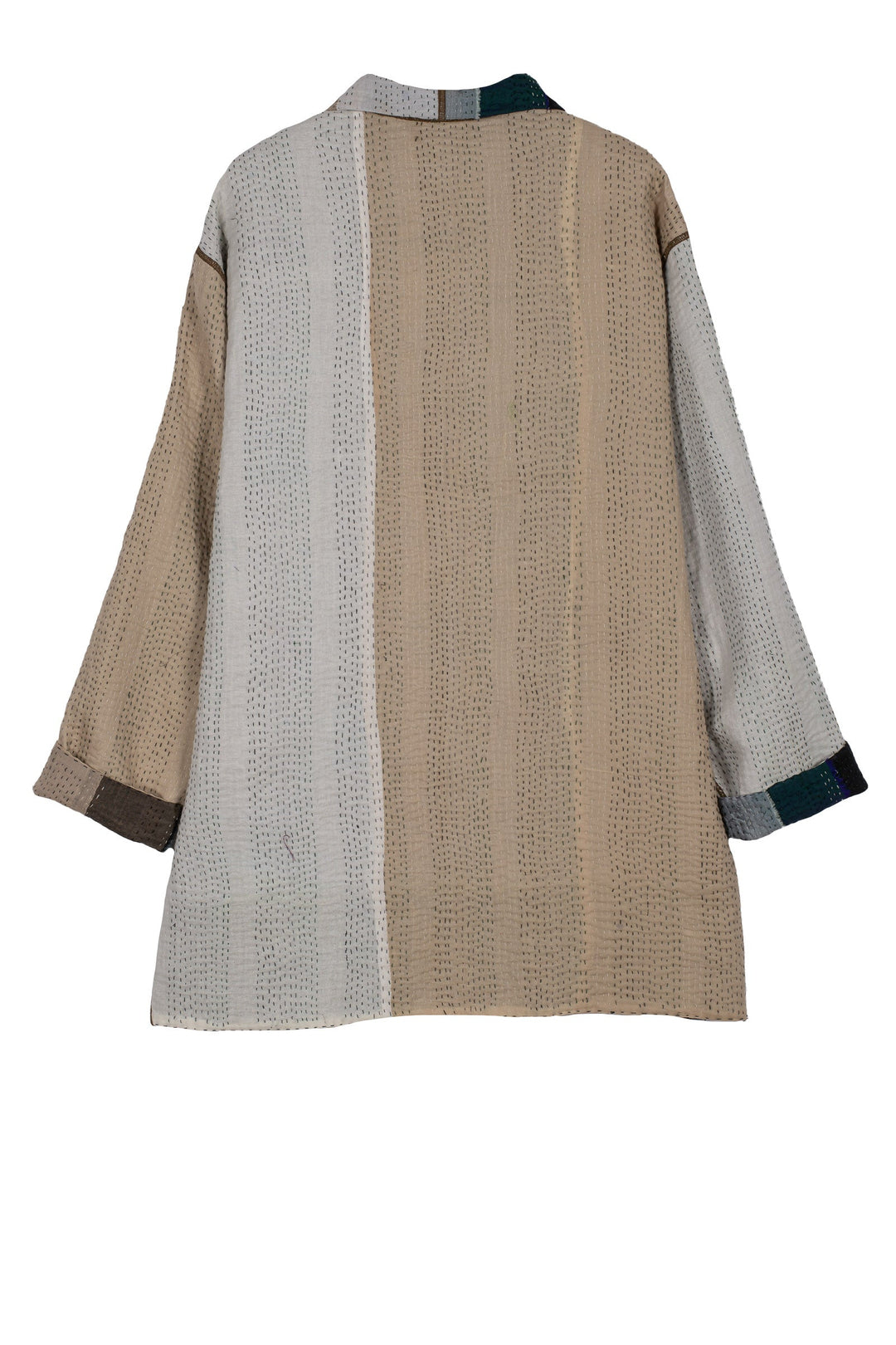 COTTON STRIPE PATCH KANTHA OVERSIZED MINI COAT - cs4332-grn -