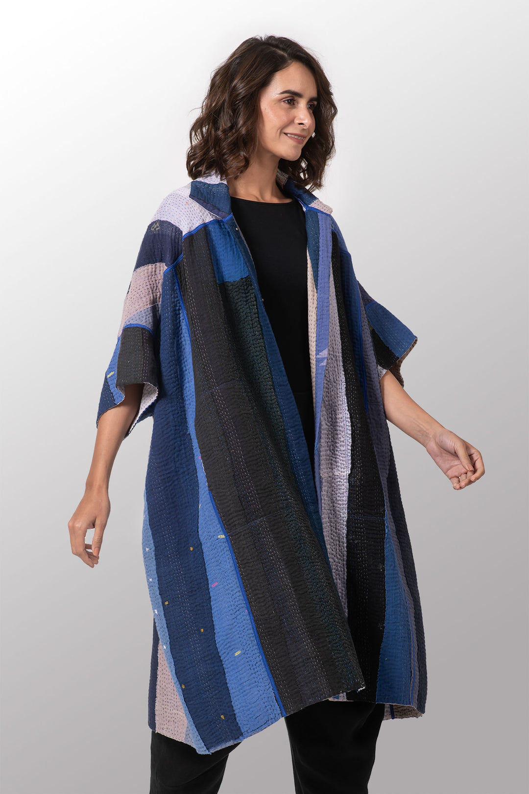 poncho shirt dress COTTON STRIPE PATCH KANTHA WIDE SHIRT DRESS