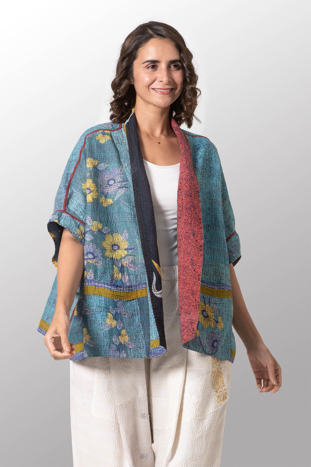 VINTAGE COTTON KANTHA MINI PONCHO - cv2060-0003a -