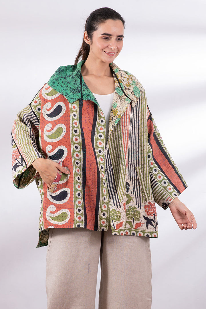 VINTAGE COTTON KANTHA HOODIE PONCHO - cv2064-0001a -