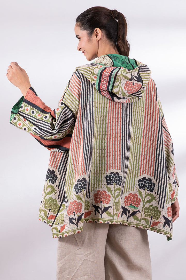 VINTAGE COTTON KANTHA HOODIE PONCHO - cv2064-0001a -